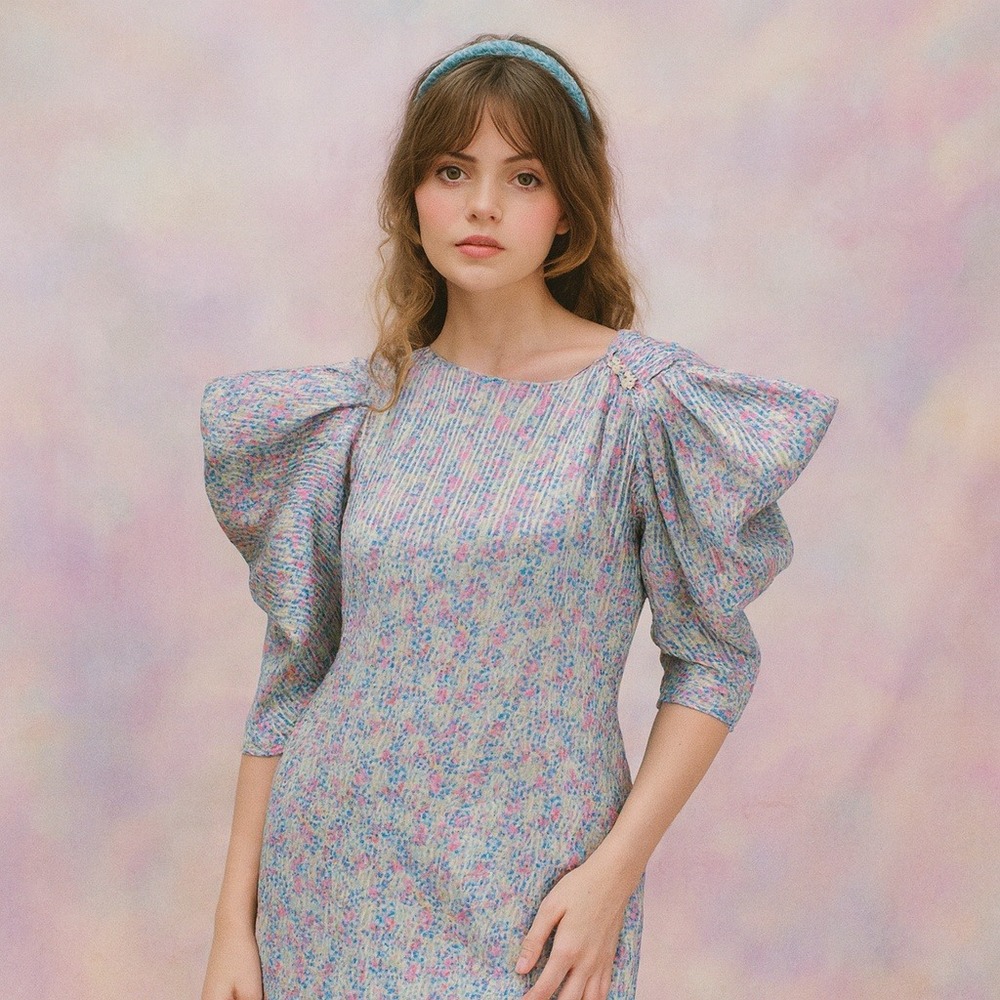 Vintage 80s Ala Carte Pleated Dress‎ Flutter Puff Peek Shoulder Micro Floral